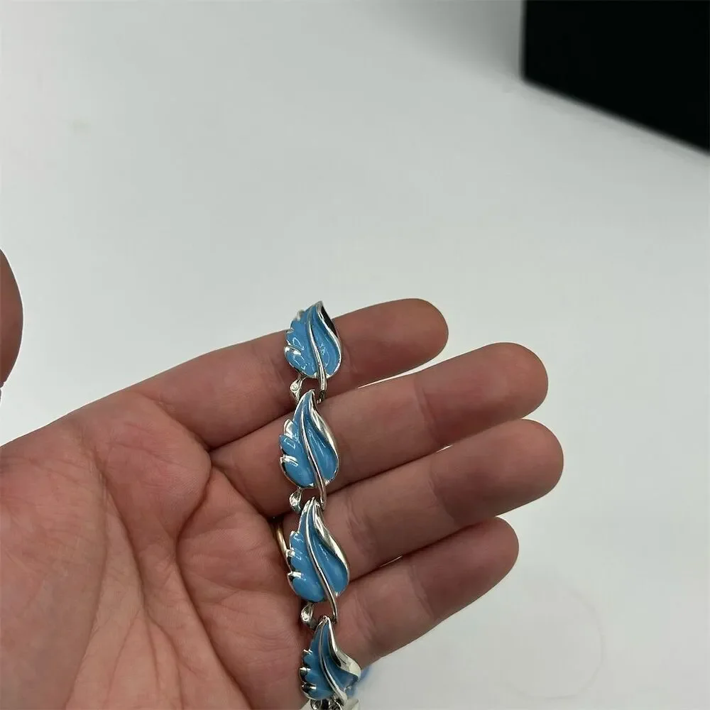 Vintage Coro Silver Tone Blue Enamel Leaf Necklace 1950s Women's Chain